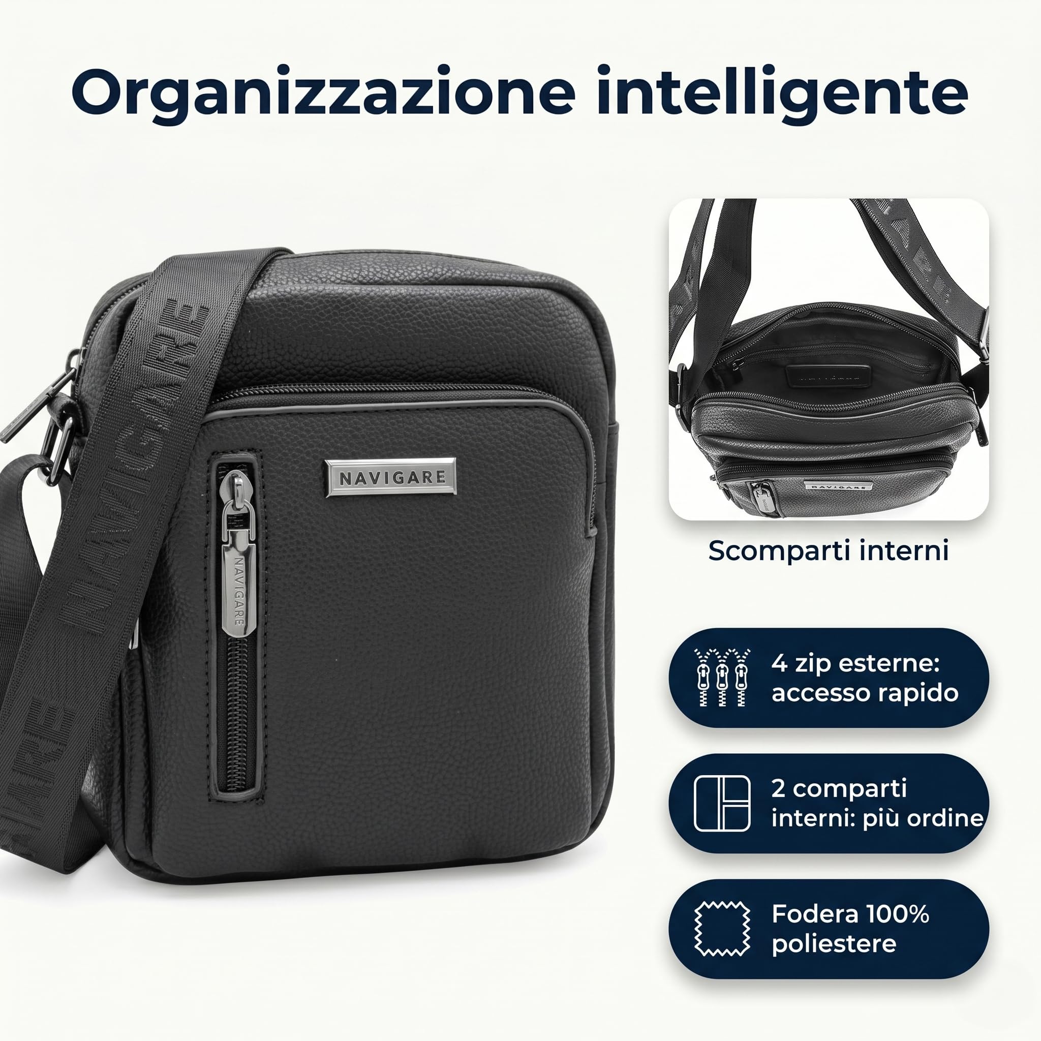 Navigare BORSELLO UOMO TRACOLLA – Borsello Uomo in Ecopelle con Tracolla Regolabile, 2 Tasche con Zip e Scomparti Interni, Stile Elegante e Casual per Lavoro, Viaggio e Tempo Libero