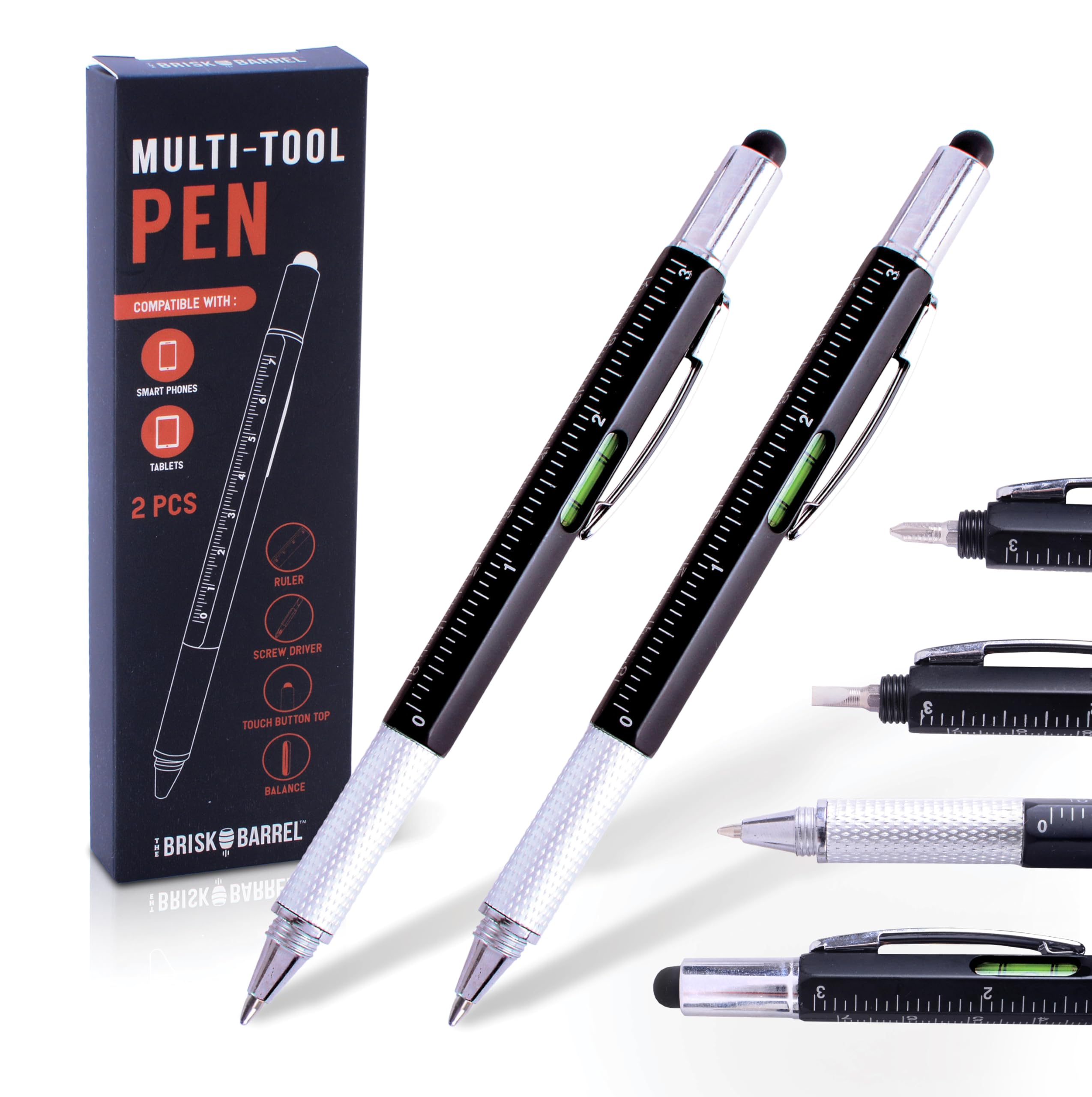 The Brisk Barrel 6-in-1 Multitool Pen Set of 2. Multi Pen Tools. Lightweight Cool Pens For Men And Dads. Measure, and Scribble with Style - Perfect Stocking Stuffers. Gift for Husband, Father