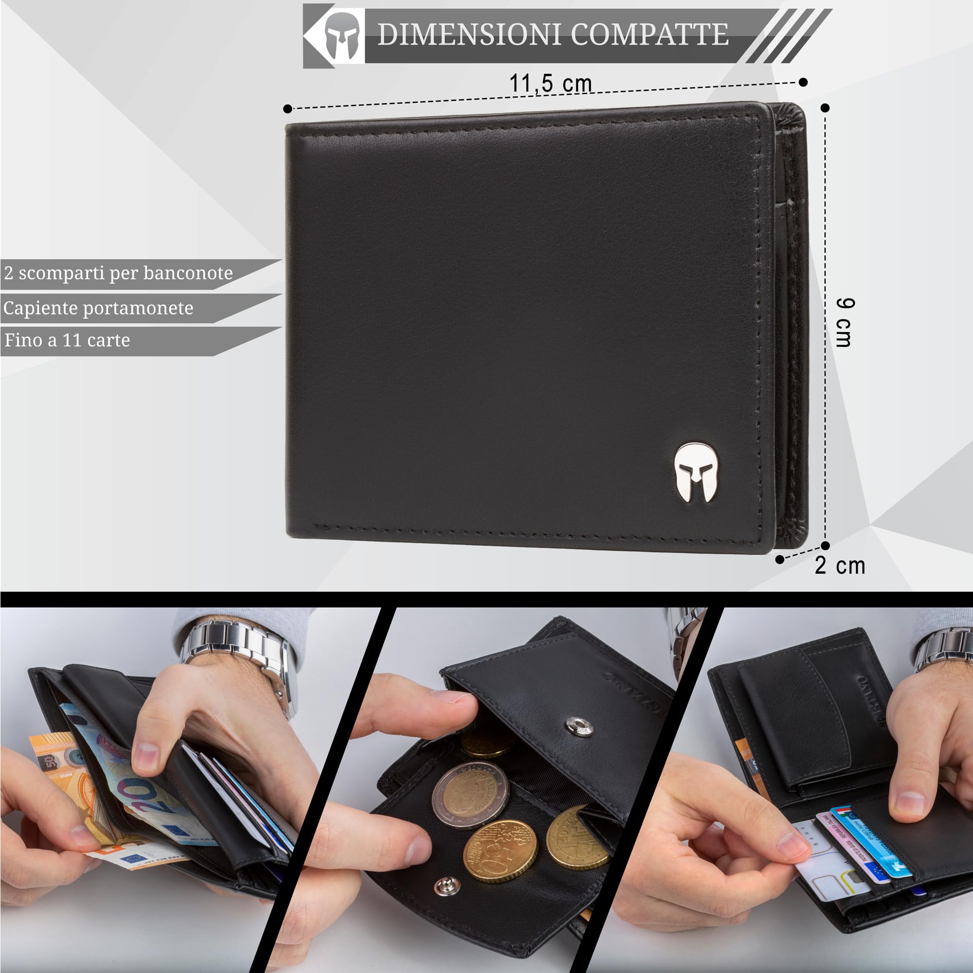 SPARTANO Portafoglio Uomo con Protezione RFID, 11 Slot per Carte Credito, 1 Tasca Portamonete, 2 Scomparti Banconote, 3 Tasche interne - ZEUS (Nero)