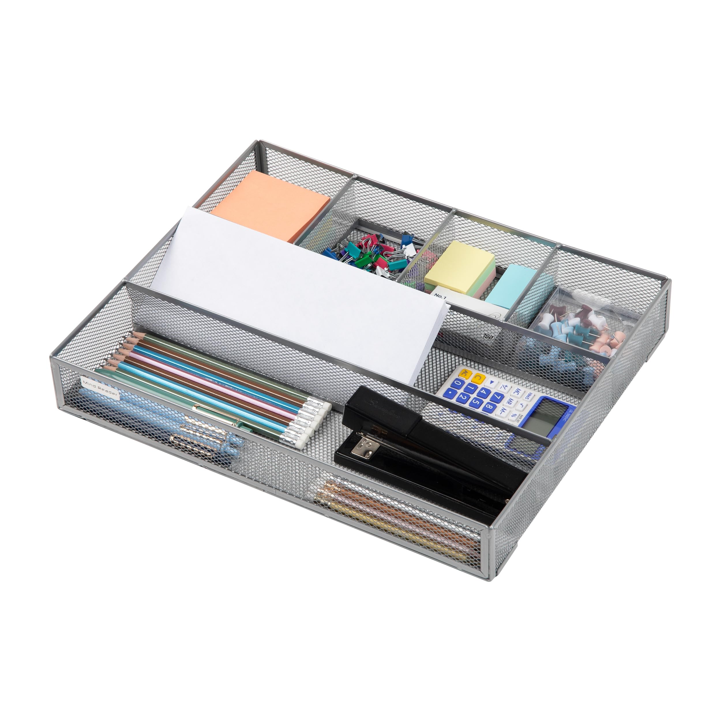 Mind Reader 2DEER-BLK, 2 pezzi, accessori da scrivania, rete metallica a 6 scomparti, organizer per cassetti Argento