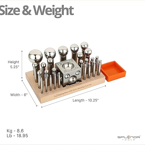 Miniatura 6 de Splenor Tools Bloque de cúpula cuadrado de acero de 2.75 pulgadas y juego de 26 perforadores a juego, para fabricación de joyas, troquel de