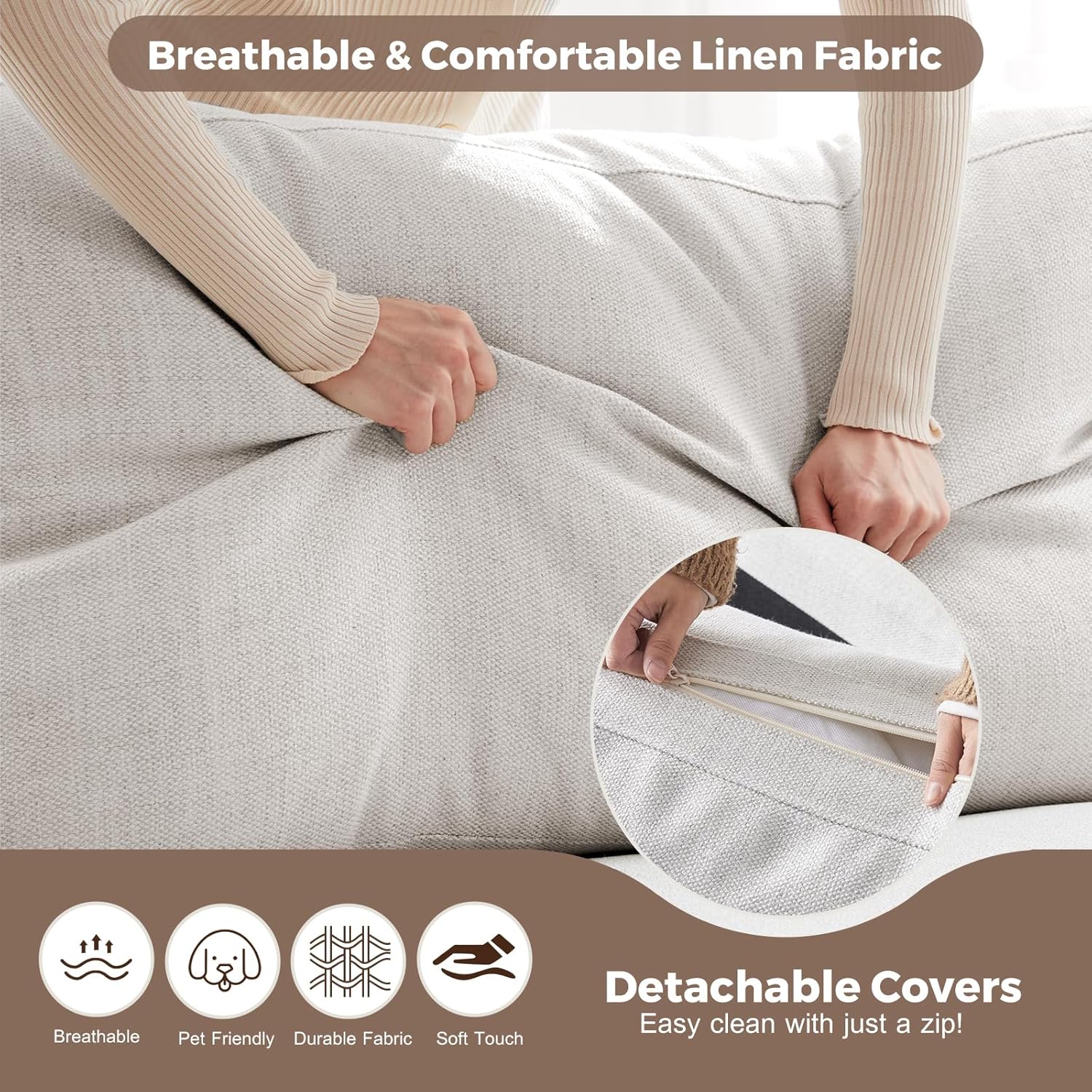 ABCASA Accent Chairs Set of 2,Living Room Furniture Set,Oversized Single Sofa with Extra Wide Armrest,Detachable Cover,Comfy Upholstered Reading Chairs for Office,Apartment,Dorm,Linen,Ivory