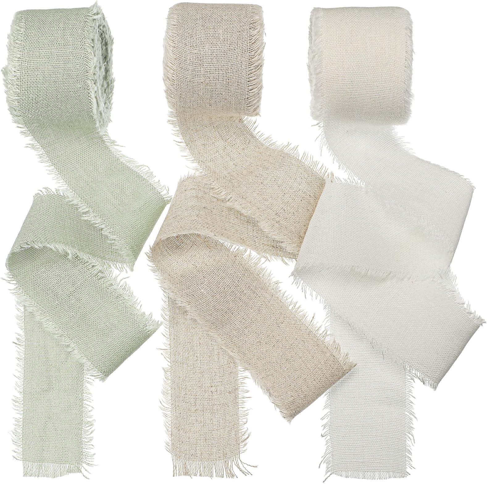 3 Rolls Sage Linen Ribbon for Gift Wrapping Cotton Ribbon Handmade Silk Ribbon with 1.5 Inch x 5 Yard Fringe Frayed Fabric Cloth for Wedding Gift Wrapping DIY Art Craft Supplies(Classic)