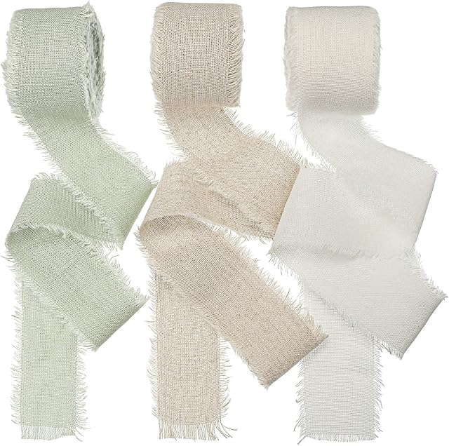 3 Rolls Sage Linen Ribbon, Ribbon for Gift Wrapping, Handmade Fringe Chiffon Silk Ribbon with 1.5 inch x 5 Yard Fringe Frayed Fabric Cloth for Wedding Gift Wrapping DIY Art Craft Florist Supplies