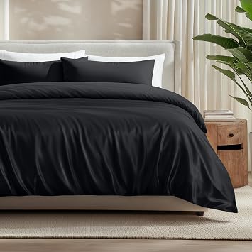 Bare Home 100% Rayon Made from Bamboo Luxury California King Duvet Cover Set - Cooling - Breathable - Easy Fit - Soft Duvet Cover Set Cal King, Black