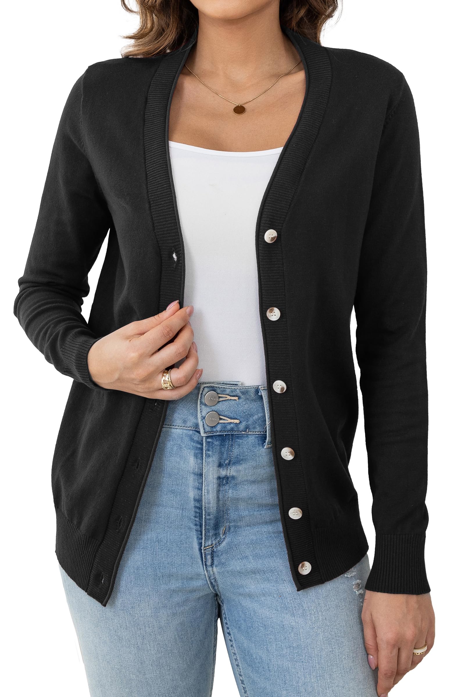 Plusashion Women's Lightweight Sweaters Cardigan V Neck Button Down Long Sleeve Knit Open Front Cardigans (S-XXL)