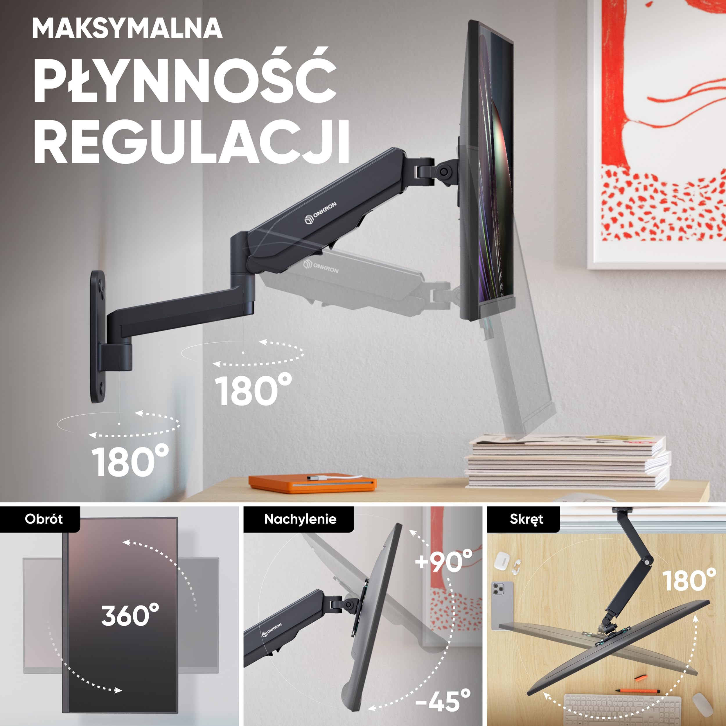 ONKRON Uchwyt monitora i telewizora ściennego (obrotowy, przechylany, rozszerzalny) Ramię monitora ściennego do ekranów 13-32 cali z wiosną gazową VESA 75 x 75-100 x 100 mm i waga maks. 8 kg - G150