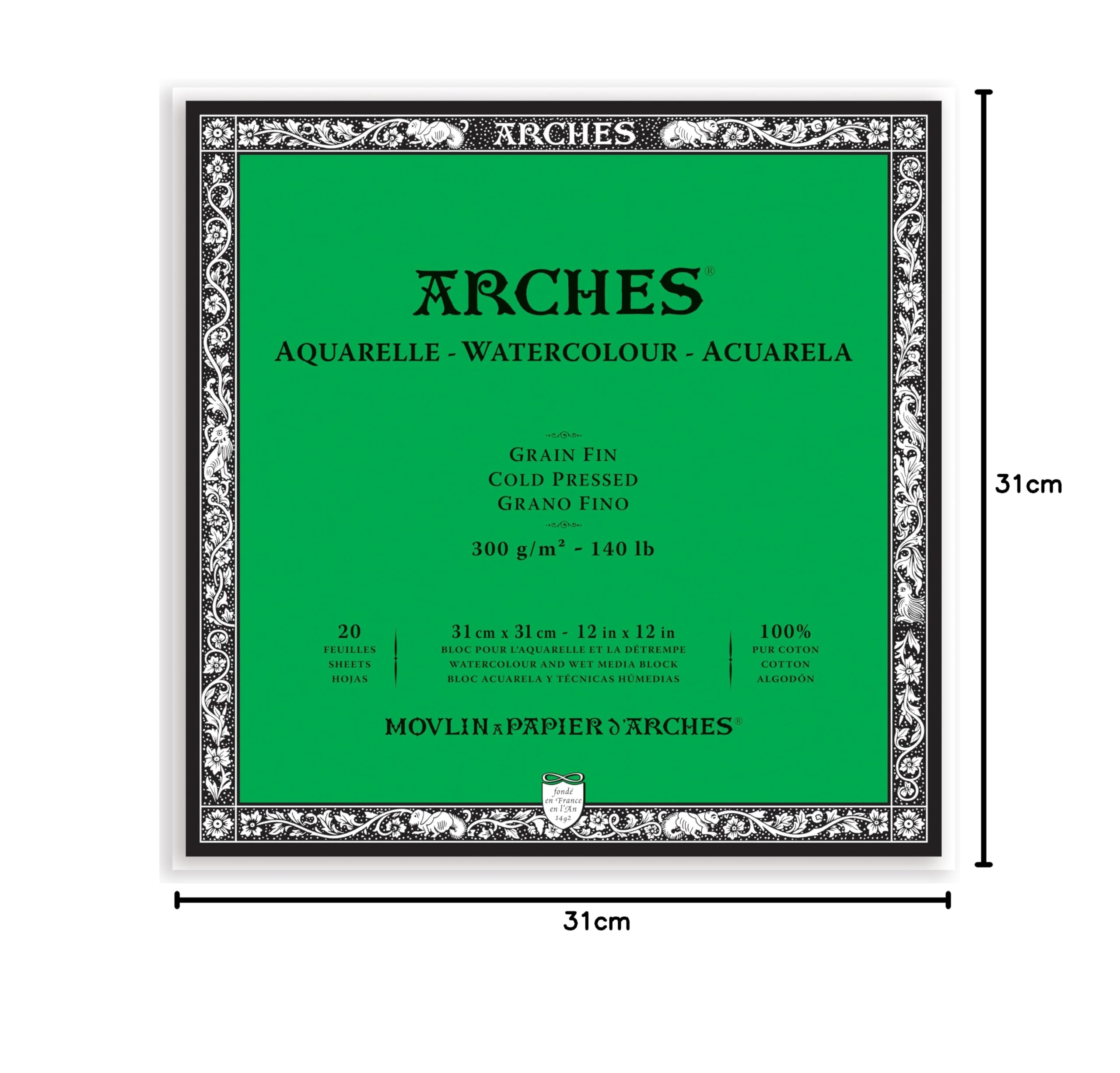 Arches 1711601 Aquarell Block, 20 Blatt Aquarellpapier in Naturweiß, 300g/m², hohe Farbechtheit, Alterungsbeständigkeit, Feinkorn, 31 x 31cm