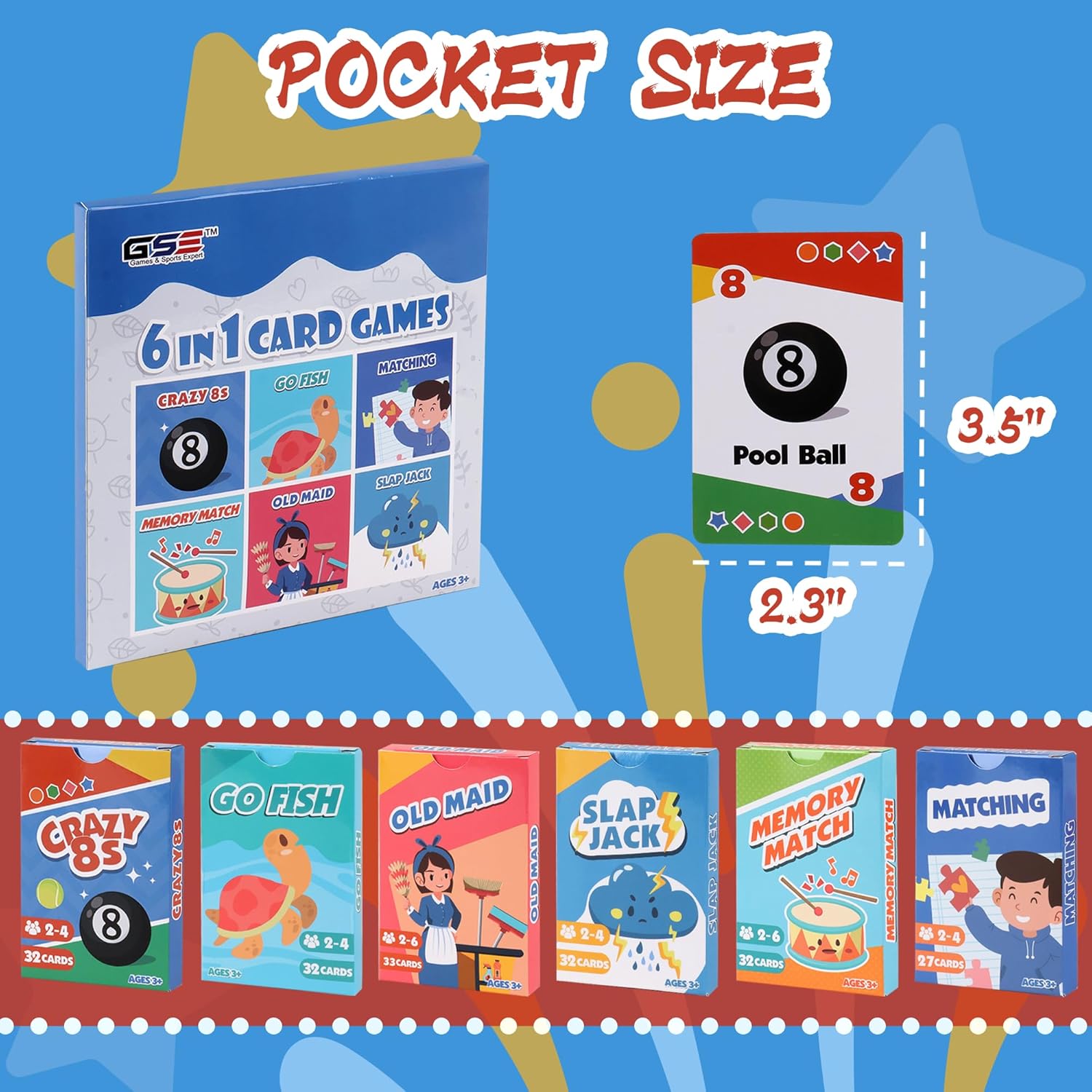 GSE Games & Sports Expert 6-in-1 Kids Card Games Set: Go Fish, Old Maid, Crazy Eights, Memory Match, Slap Jack, Matching | Travel Size for Toddlers, Boys & Girls Ages 3+ | Easter Basket Stuffers Gifts