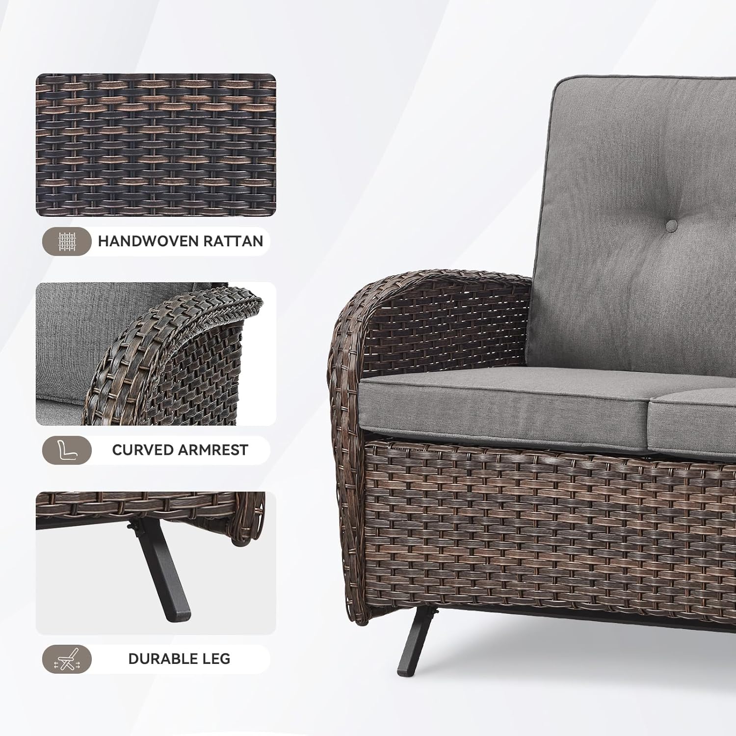 Patio Loveseat Wicker Loveseat Rattan Glider Sofa with Curved Armrest Thicking Back & Seat Cushions for Garden Balcony Backyard Brown Wicker|Grey Cushions (B) Patio Loveseat Glider