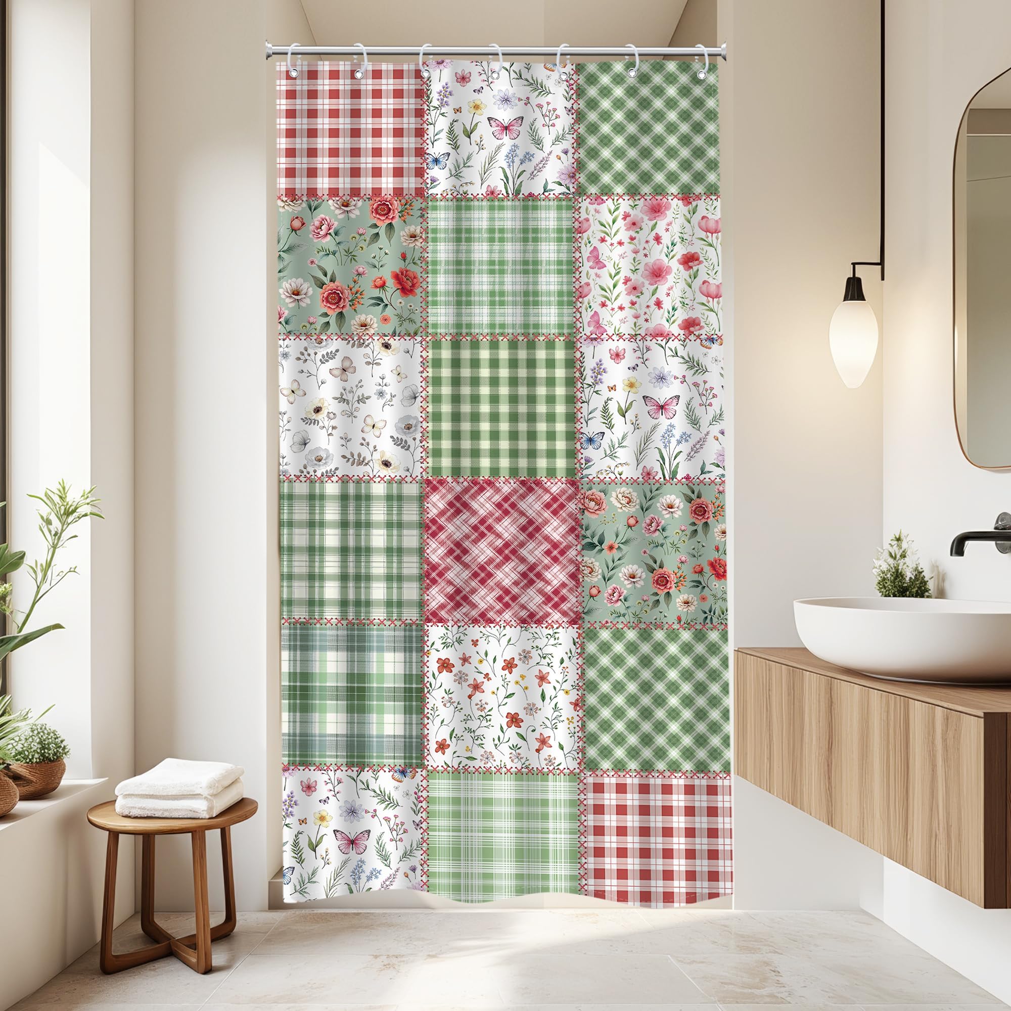 Riyidecor Small Stall Floral Plaid Shower Curtain for Bathroom Decor 36Wx72H Boho Cute Green Flower Pink Retro Patchwork Plant Checkered Art Printed Fabric Polyester Waterproof 7 Pack Plastic Hooks