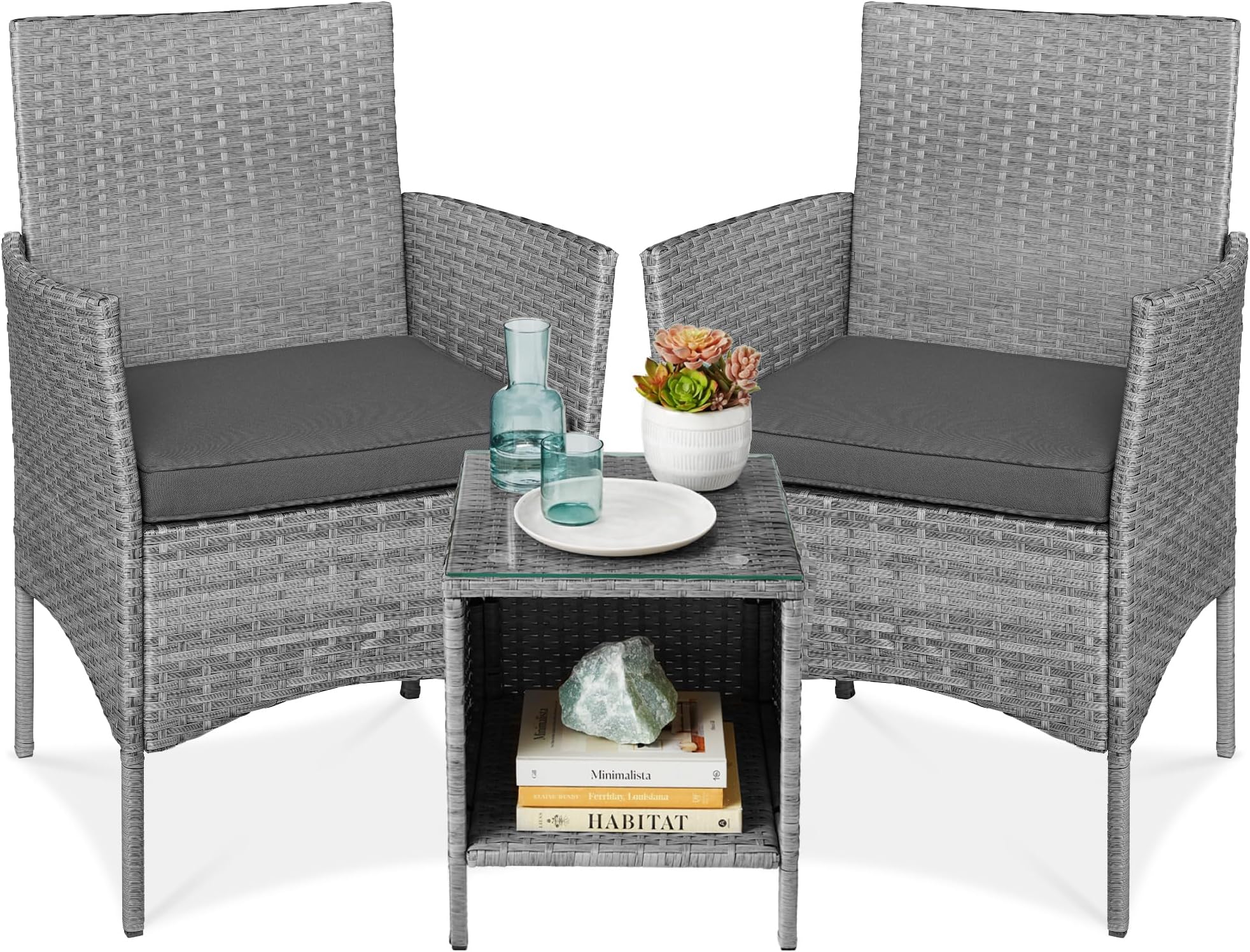 Best Choice Products 3-Piece Outdoor Wicker Conversation Bistro Set, Space Saving Patio Furniture for Garden w/Side Table - Gray/Gray