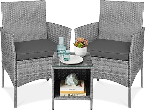 Best Choice Products Juego de Bistró de Conversación de Mimbre para Exteriores de 3 Piezas, Muebles de Patio que Ahorran Espacio para Jardín con