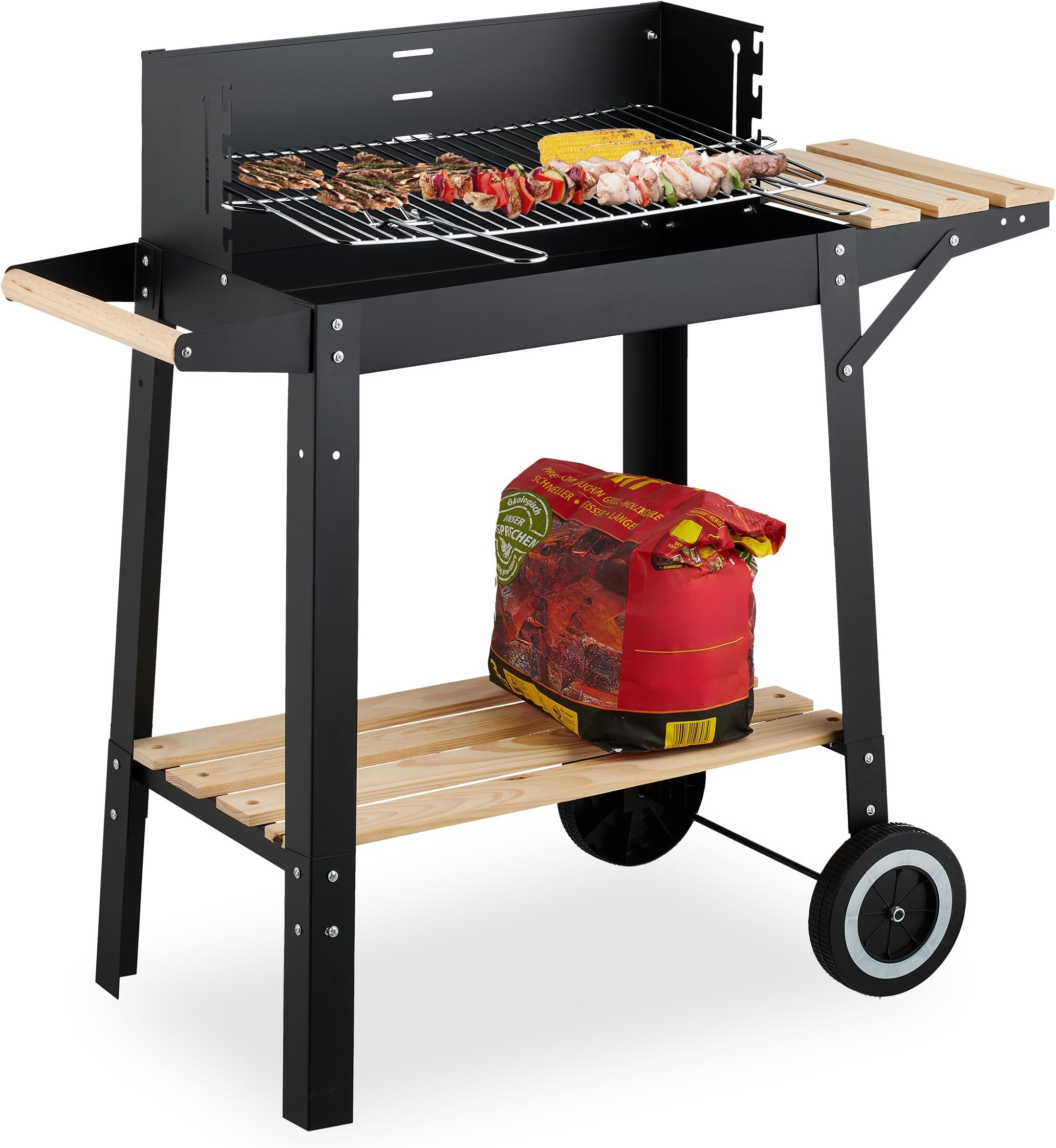 Relaxdays Barbecue a Carbonella con Griglia Regolabile e 2 Ripiani in Legno