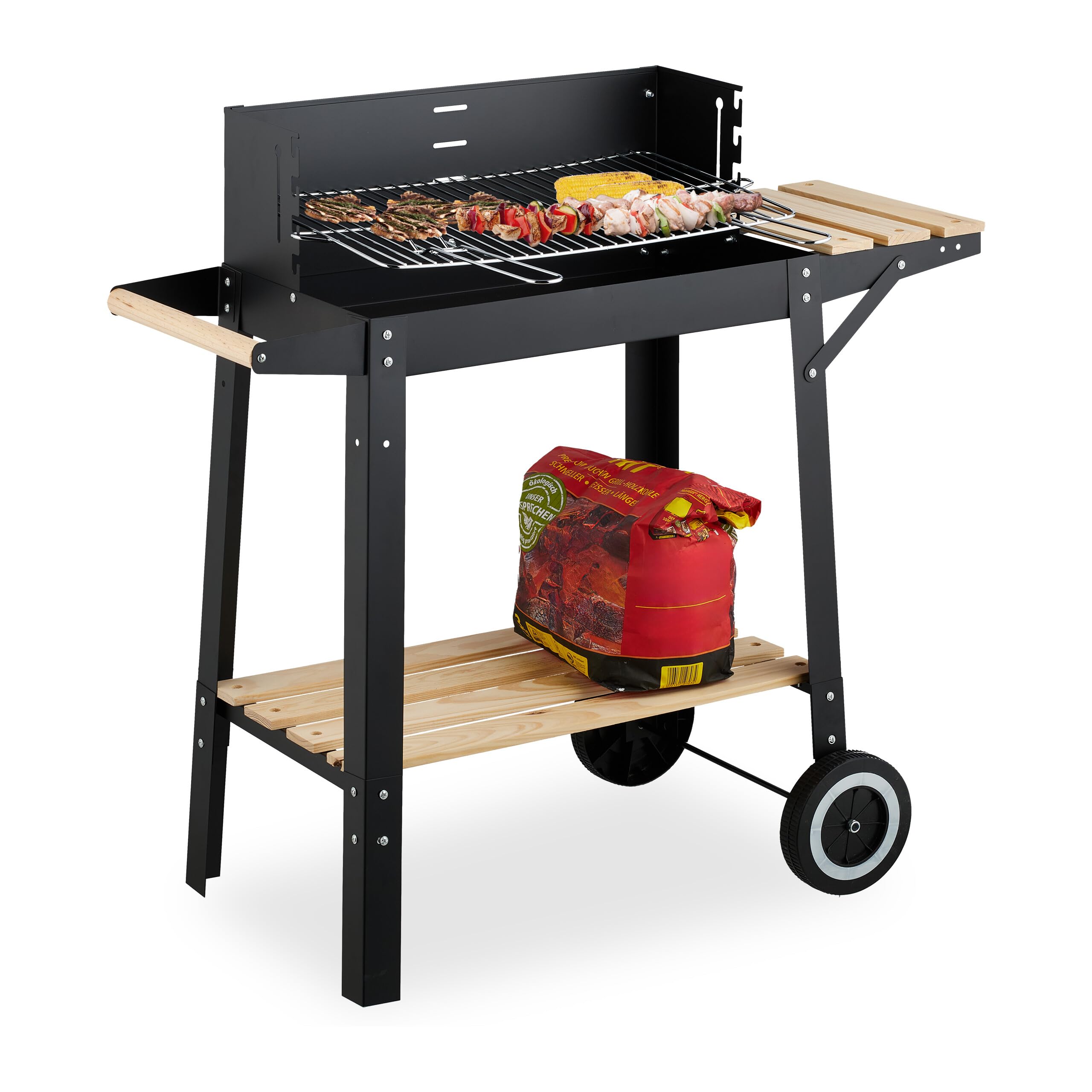 Relaxdays Grill na węgiel drzewny z kołami, regulowany grill z osłoną przeciwsłoneczną, 2 półki, HLP 80,5 x 86 x 42 cm, stal, drewno, tworzywo sztuczne