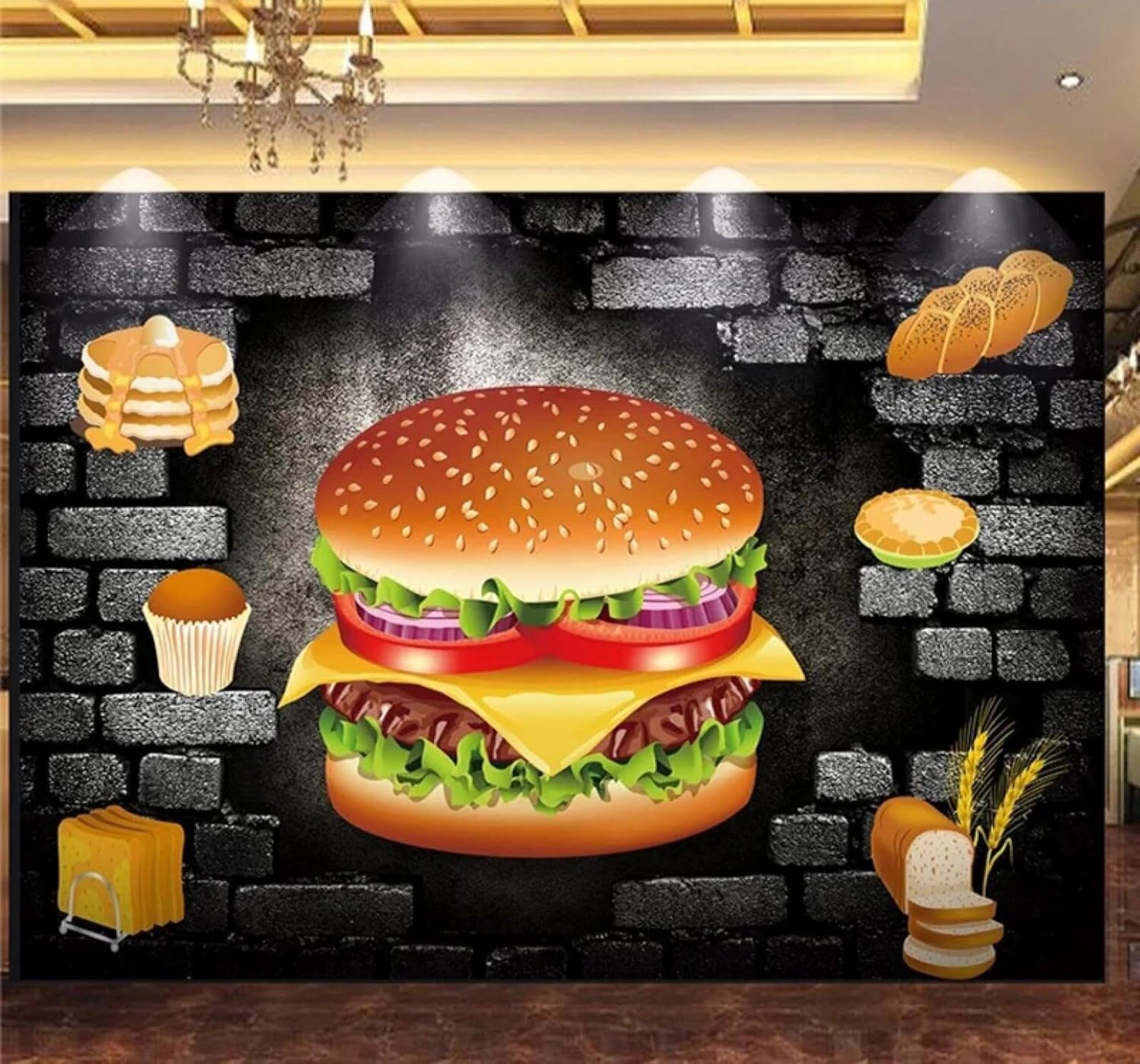 XLMING Creative Black Brick Wall Hamburger Bakery 3D Wallpaper Luxury Home Dining Decor Paste Sofa Living Room The Wall for Bedroom Mural-150cm×105cm