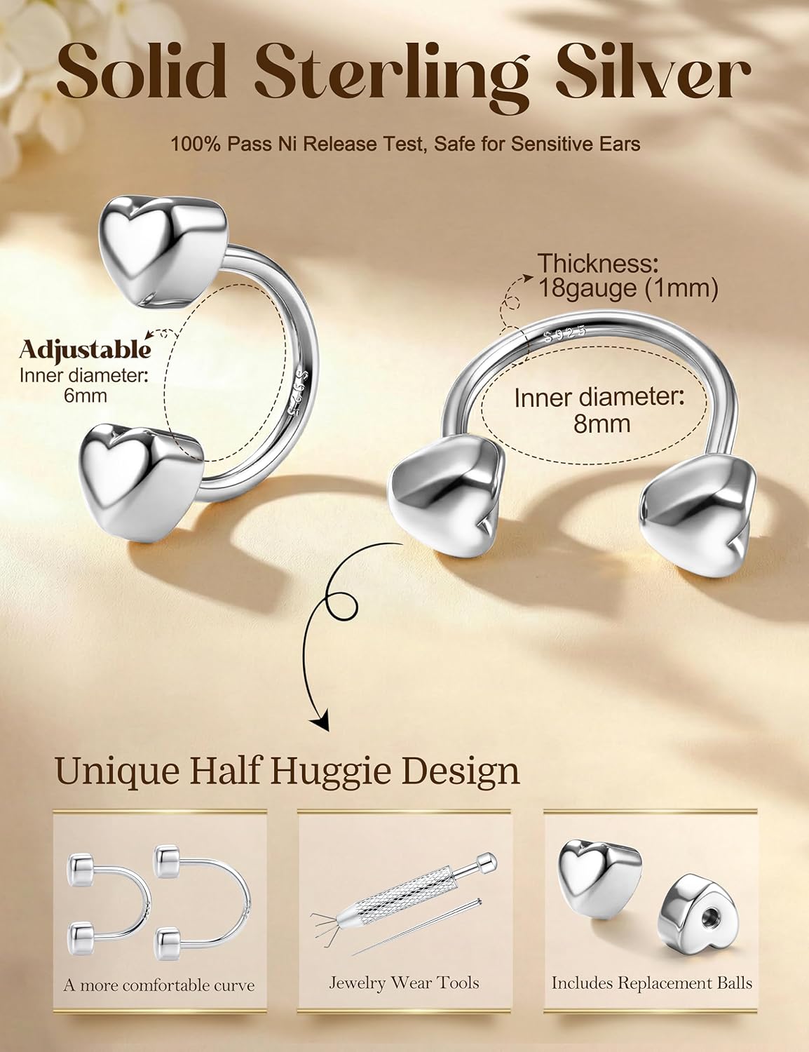 Kakonia S925 Sterling Silver Post Double Half Huggie Earrings for Women, 14K Gold Plated Backless U Shaped Horseshoe Hoops, Heart Ball CZ Screwback Studs Piercing Jewelry for Helix Cartilage Stack
