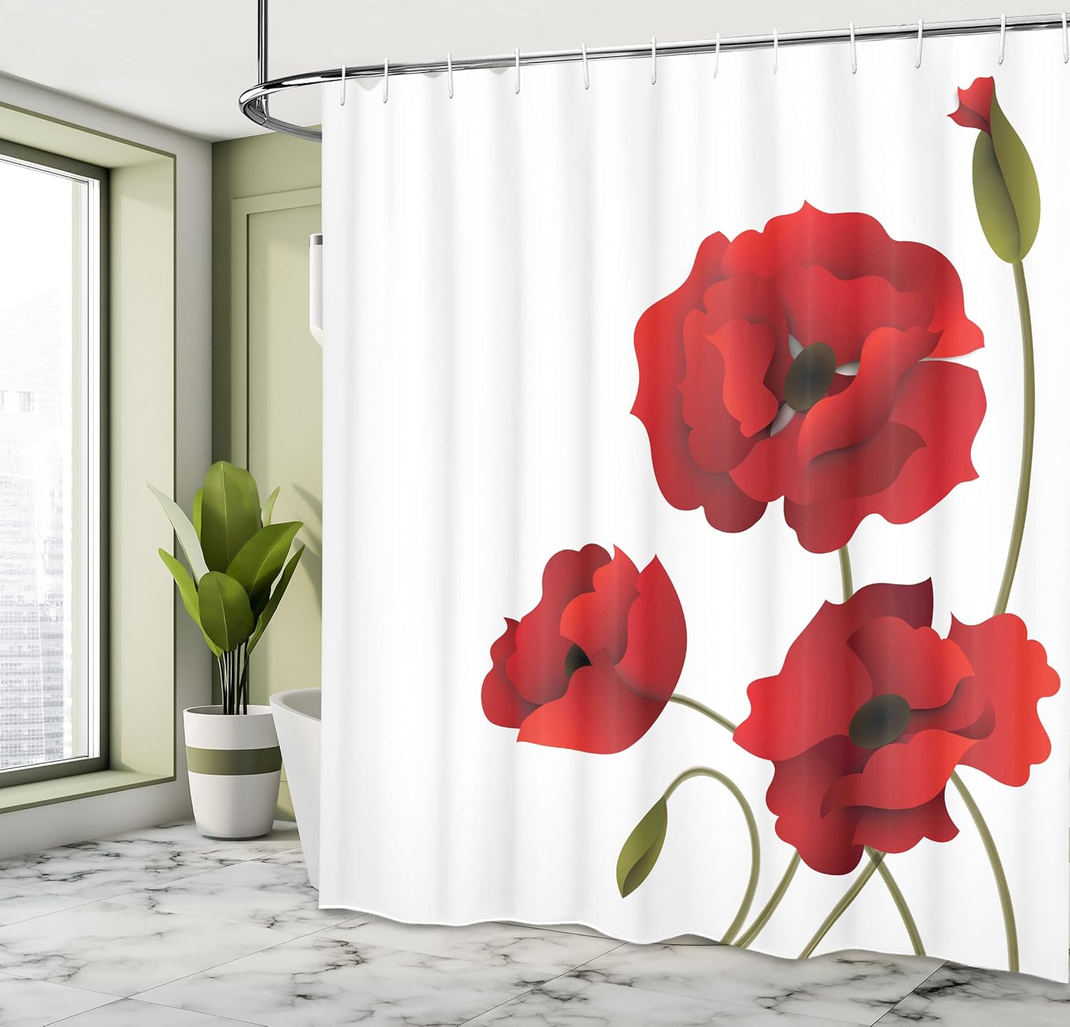 Ambesonne Floral Shower Curtain, Poppy Flowers and Petals with Buds Pastoral Purity Mother Earth Nature Design of a Print Artwork, Fabric Bathroom Decor Set with Hooks, 69" W x 70" L, Red and Green