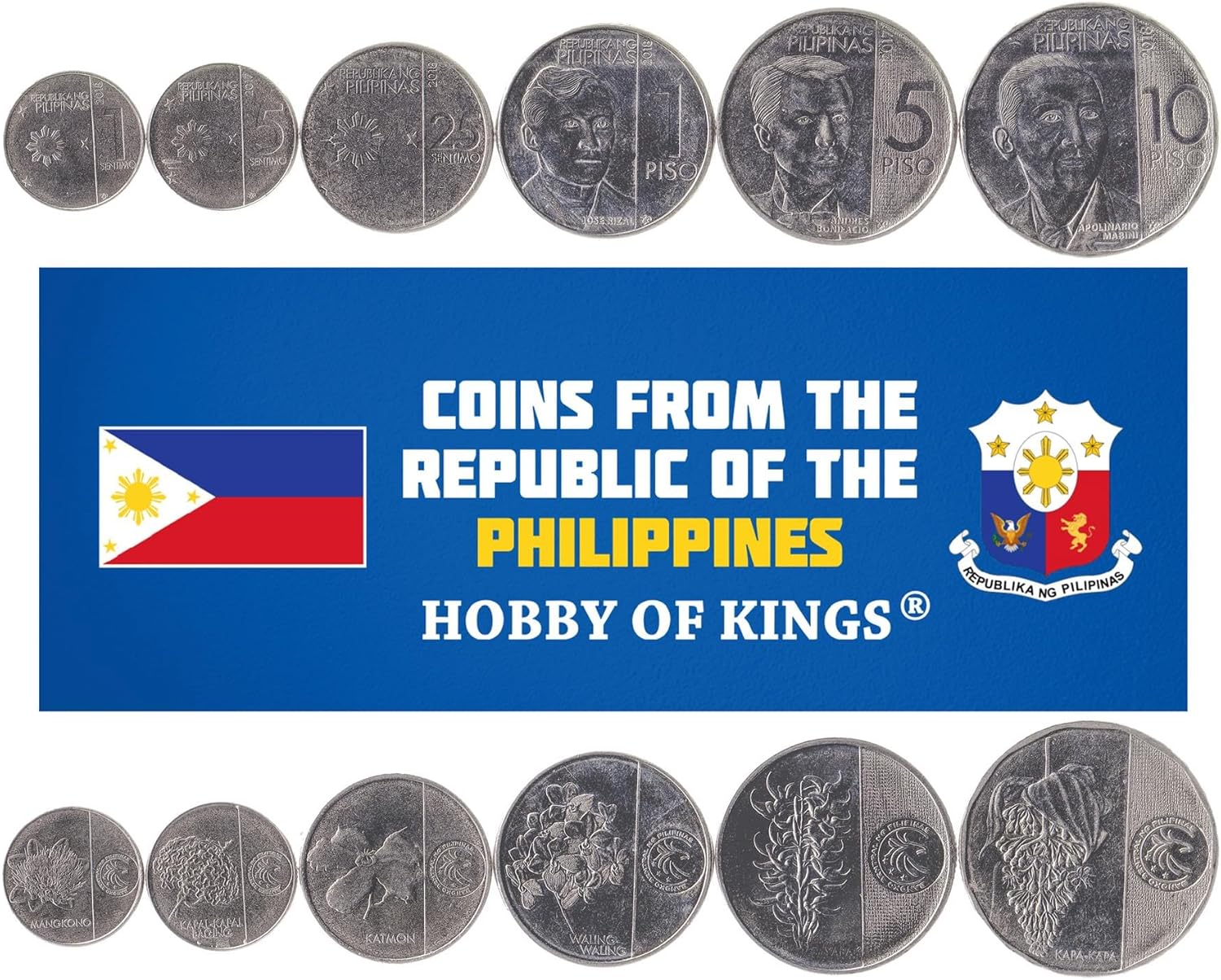 6 Coin Set from Philippines | 1 5 10 25 50 Sentimos 1 Piso | Lapulapu | Melchora Aquino | Francisco Baltasar | Juan Luna | Marcelo H. Del Pilar | Jose Rizal | 1967-1974