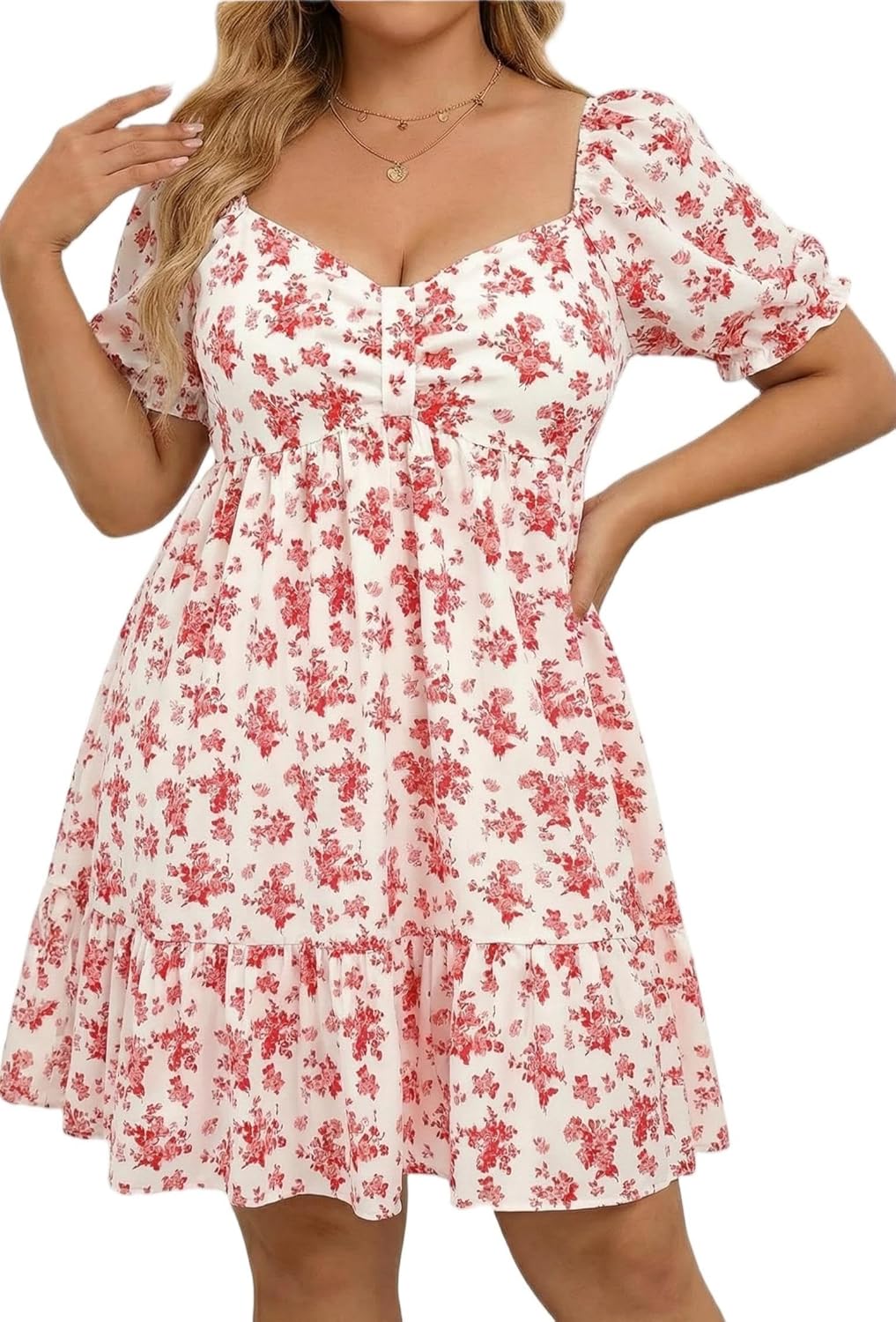 Women's Plus Size Summer Dress - Sweetheart Neck Puff Sleeve Casual Sundress Graduation Teen Babydoll Short Dresses