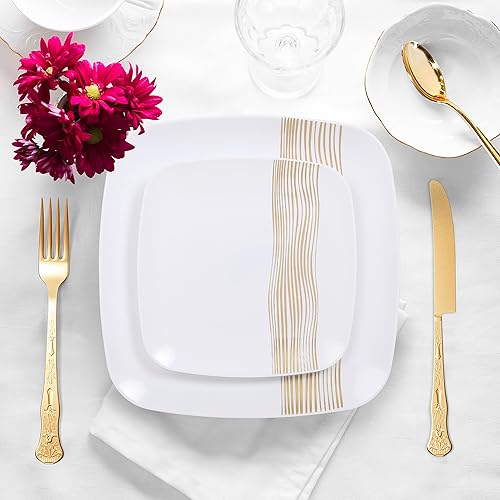 Miniatura 2 de R-kay Platos desechables para fiestas platos de plástico dorados 20 platos de cena de 1025 pulgadas y 20 platos de ensaladapostre de 75 pulgadas