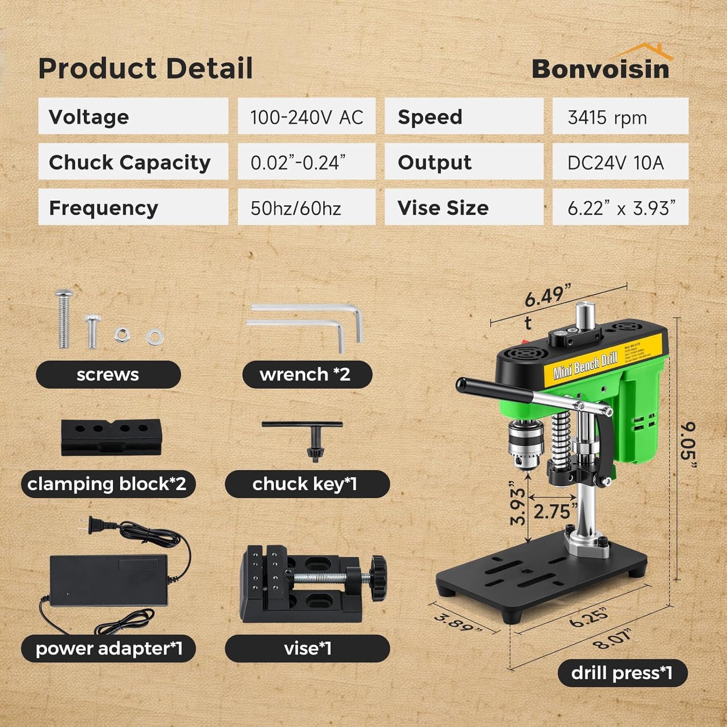 Bonvoisin Taladro de Columna de Banco 3415rpm Altura Regulable 1.65” | Doble Alimentación, Portabrocas 0,02"-0,24", Altura Ajustable 0-1,65", 3415rpm, Motor Cobre, Para Madera/Metal/Plástico