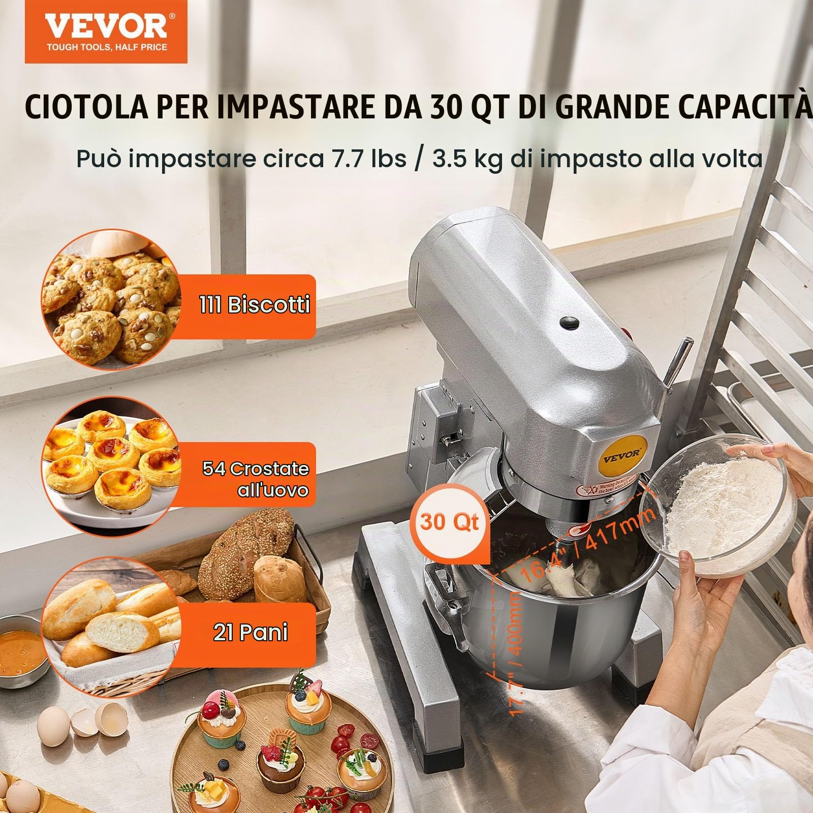 VEVOR Impastatrice Planetaria Velocità Regolabile 1500W Ciotola Capienza 33L/30QT, Impastatrice Elettrica da Cucina Commerciale Velocità 3 Modi 108/199/382 giri/min, Impastatrice 3 Ganci di Ricambio