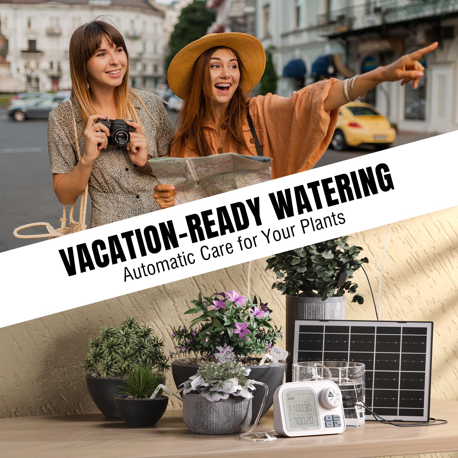 Raddy WS-7 Sistema de riego automático solar, para 15 plantas en maceta, Detección inteligente de humedad del suelo, 2600 mAh batería, resistente al agua IPX7 para balcones interiores y exteriores