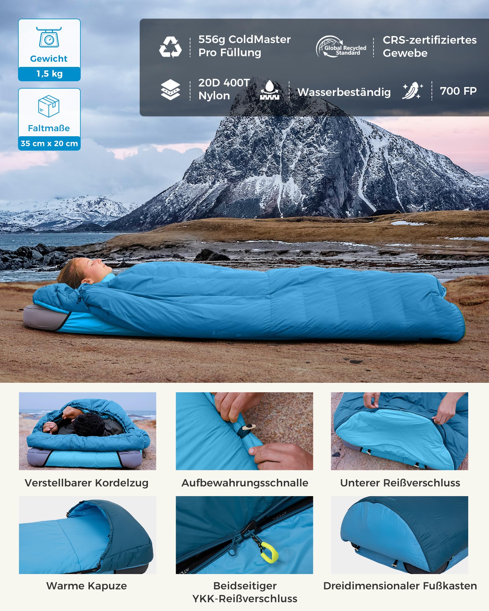 ATEPA Saco de dormir de invierno, 3 en 1, saco de dormir para exteriores, tamaño pequeño, XXL, 4 estaciones, cálido saco de dormir de plumón, impermeable, ideal para adultos en viajes, aventuras y