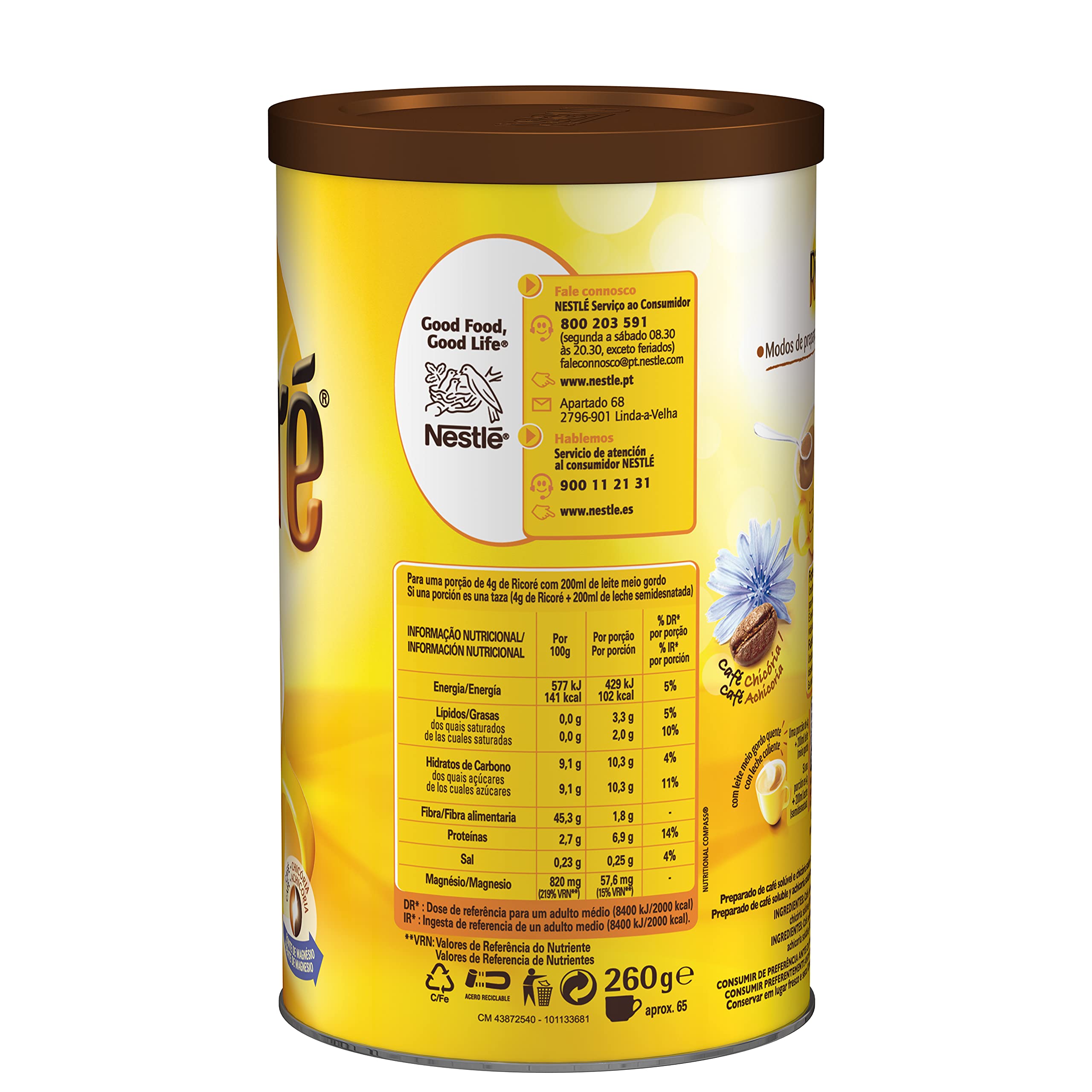 RICORÉ Cereales solubles - 6 latas de 260g - Total: 1,56Kg