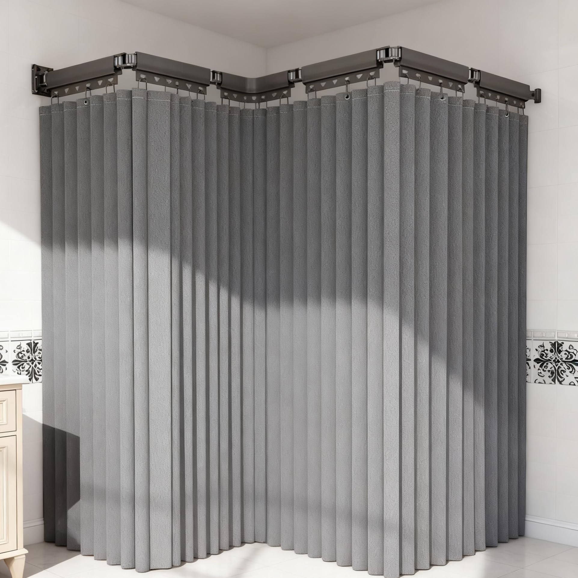 Barra de cortina de ducha plegable con forro, ahorro de espacio sin taladrar para bañera o soporte, montaje en pared fijo, 70.8 x 78.7 pulgadas, fácil instalación