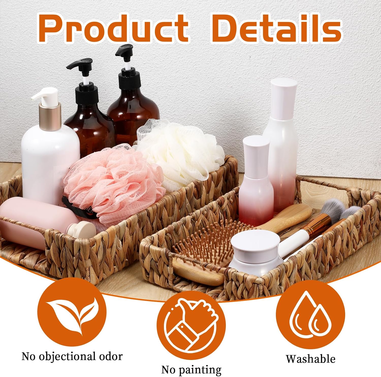 2 PCS Wicker Tray, Hyacinth Storage Baskets with Handle Shallow Basket Handmade Woven Tray Small Wicker Baskets Rectangular for Bathroom, Living Room and Kitchen Decoration or Storage
