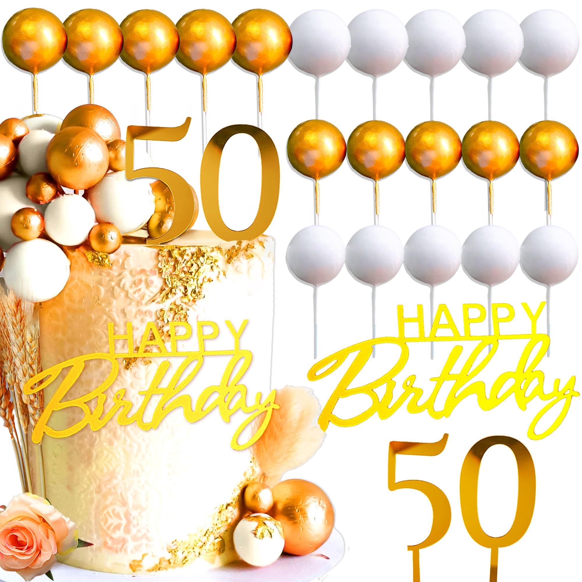 JeVenis oro blanco feliz 50 cumpleaños decoración de la torta 50 cumpleaños cake topper bolas de oro feliz cumpleaños signo de oro blanco cumpleaños fiesta suministros favores