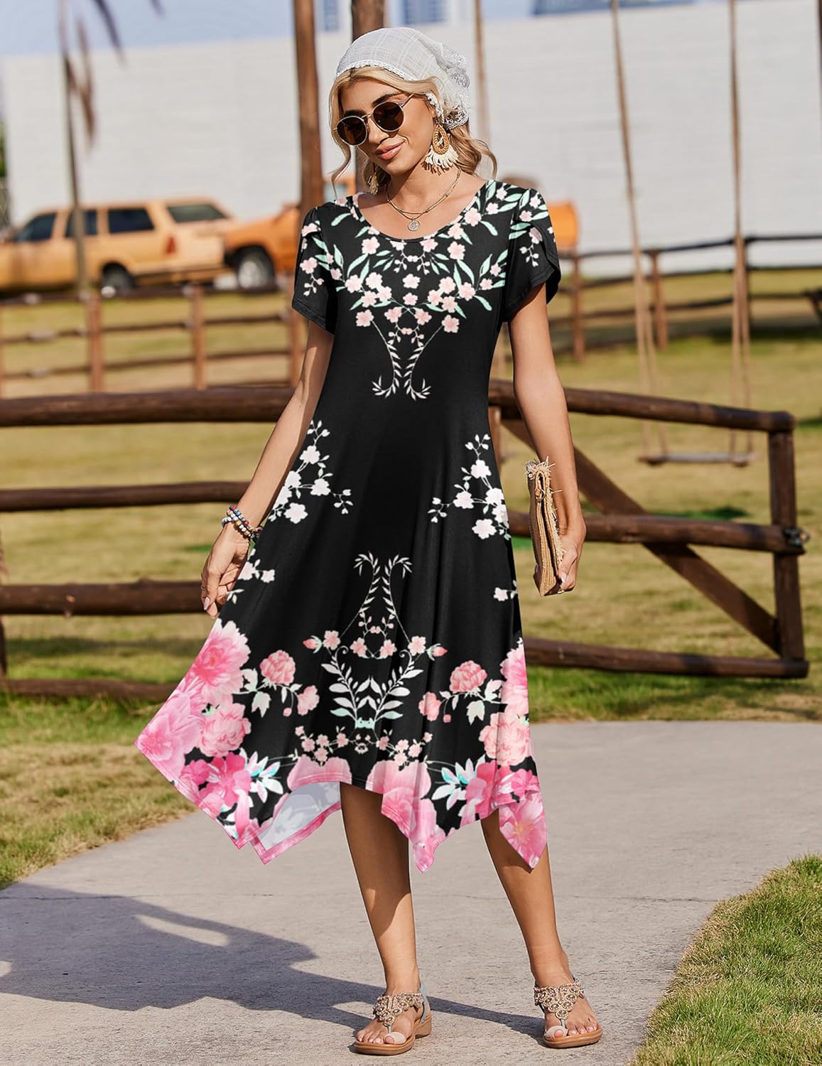 Zeagoo Womens Casual Dress for Summer Short Sleeve Loose Flowy Beach Dress with Pockets Hankerchief Flare Midi Sundress 2026 - Image 3