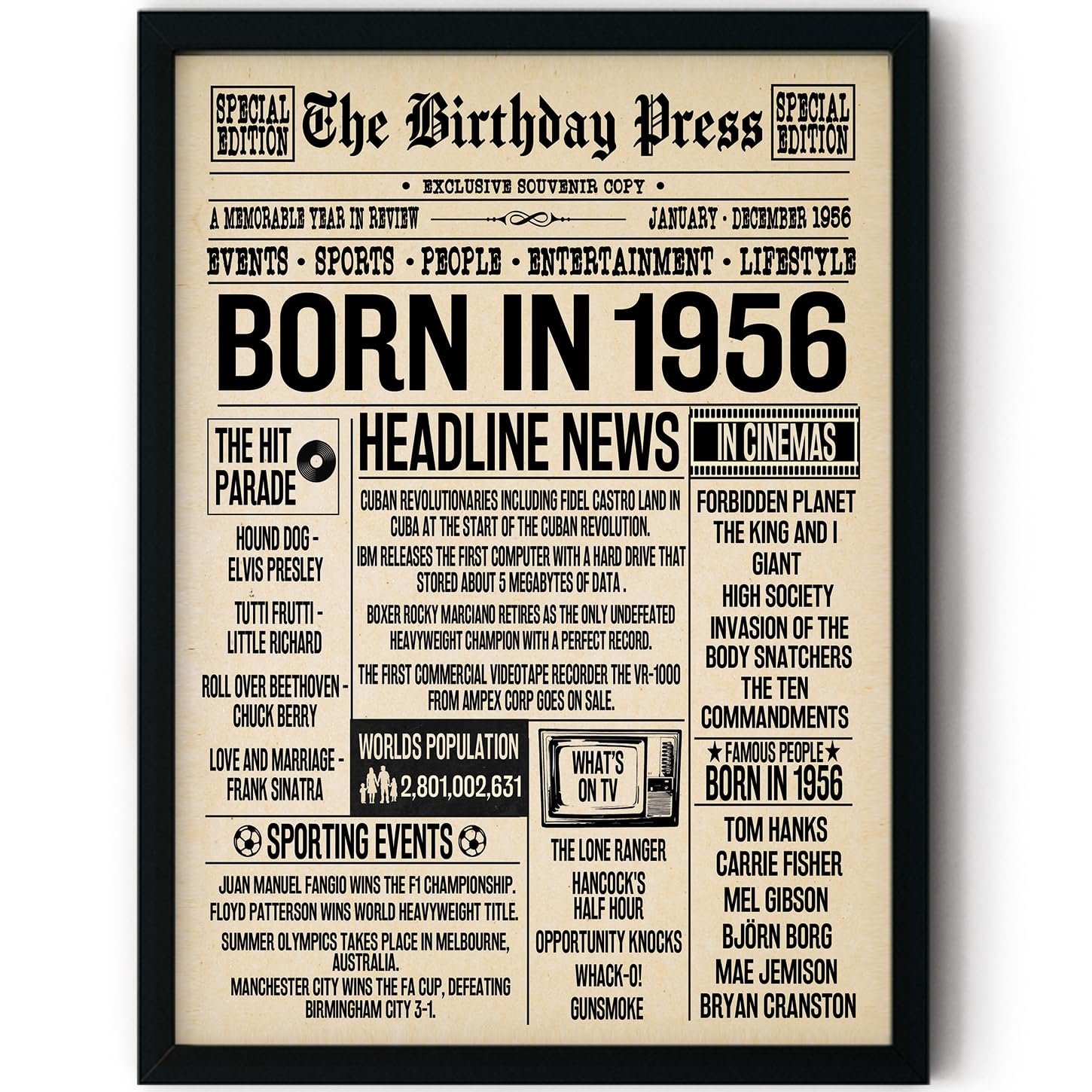 Stuff4 Men's 1956 70Th Birthday Poster Framed - Born In Newspaper - Happy 70Th Birthday Gifts For Wo Vintage Retro Back In 8X10 Inch Bday Party Decor Decoration