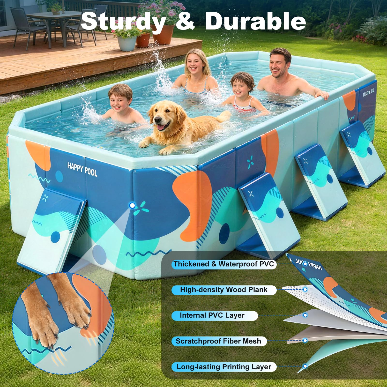 Grande piscine familiale pliable pour enfants et chiens, 292,1 x 165,1 x 54,6 cm (L x l x P) – Piscine carrée en plastique rigide avec parois latérales renforcées et installation facile pour le jardin