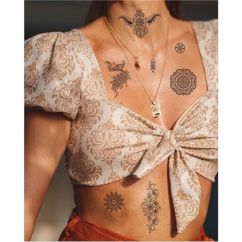 Miniatura 5 de Tatuaje temporal de flor de mandala para mujeres, tatuaje falso de henna tribal india grande negra, para adultos, brazo y pierna, bohemio, loto