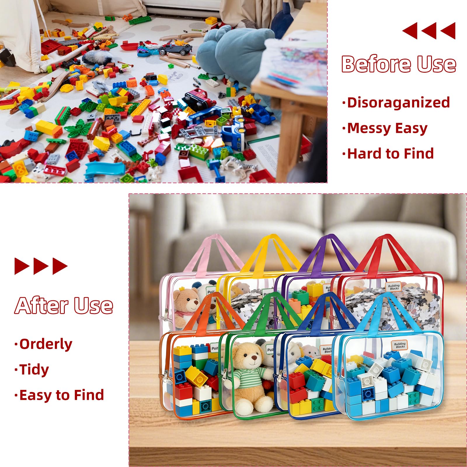 8 Sacchetti Portaoggetti per Giocattoli con Manici ed Etichette | 30 x 22 x 10 cm, Impermeabile in PVC Giocattolo con Cerniera, Borse Trasparenti da Viaggio