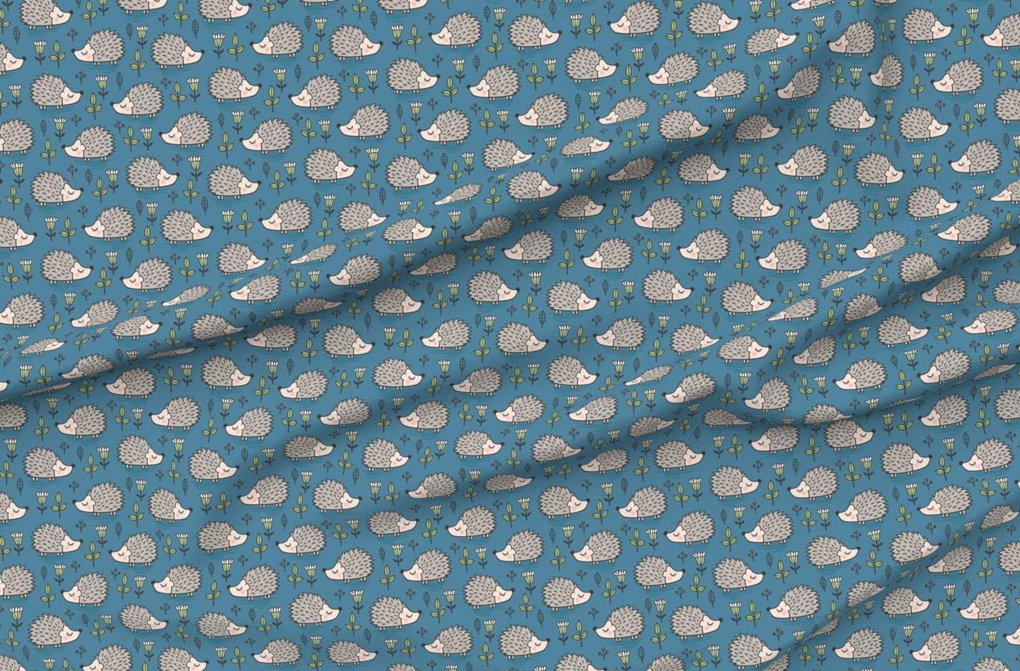 Spoonflower Fabric - Hedgehog Leaves Flowers Dark Blue Navy Hedgehogs Woodland Forest Fall Printed on Petal Signature Cotton Fabric Fat Quarter - Sewing Quilting Apparel Crafts Decor