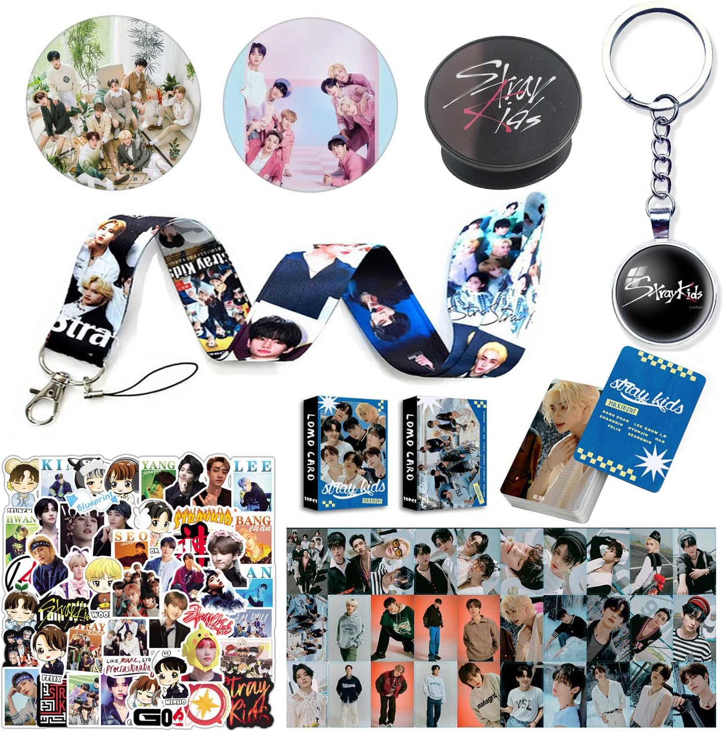 FENLAN Stray Kids Merch Gift Set- Including New Album Maxident Photocards, Stickers, Lanyard, Keychain, Pen, Phone Ring Holder, Button Pins
