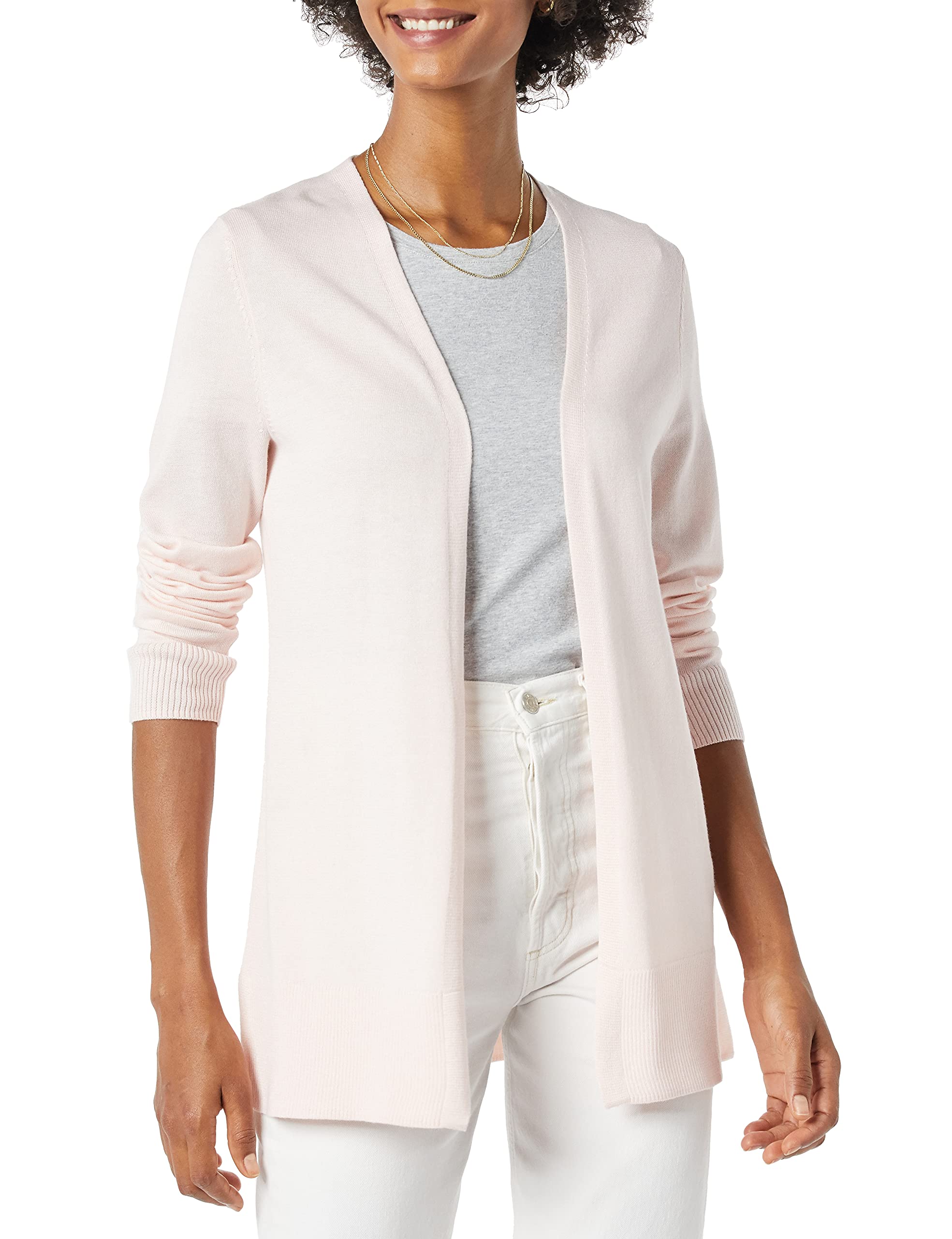Amazon Essentials Women's Lightweight Long-Sleeve Open-Front Long Cardigan Sweater, Regular Fit Large Pale Pink