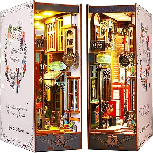 ROCOXIA Kit de rincón de libros para bricolaje, estante de libro, kit de miniaturas iluminadas, sujetalibros para libros, rincones de libros, kit de