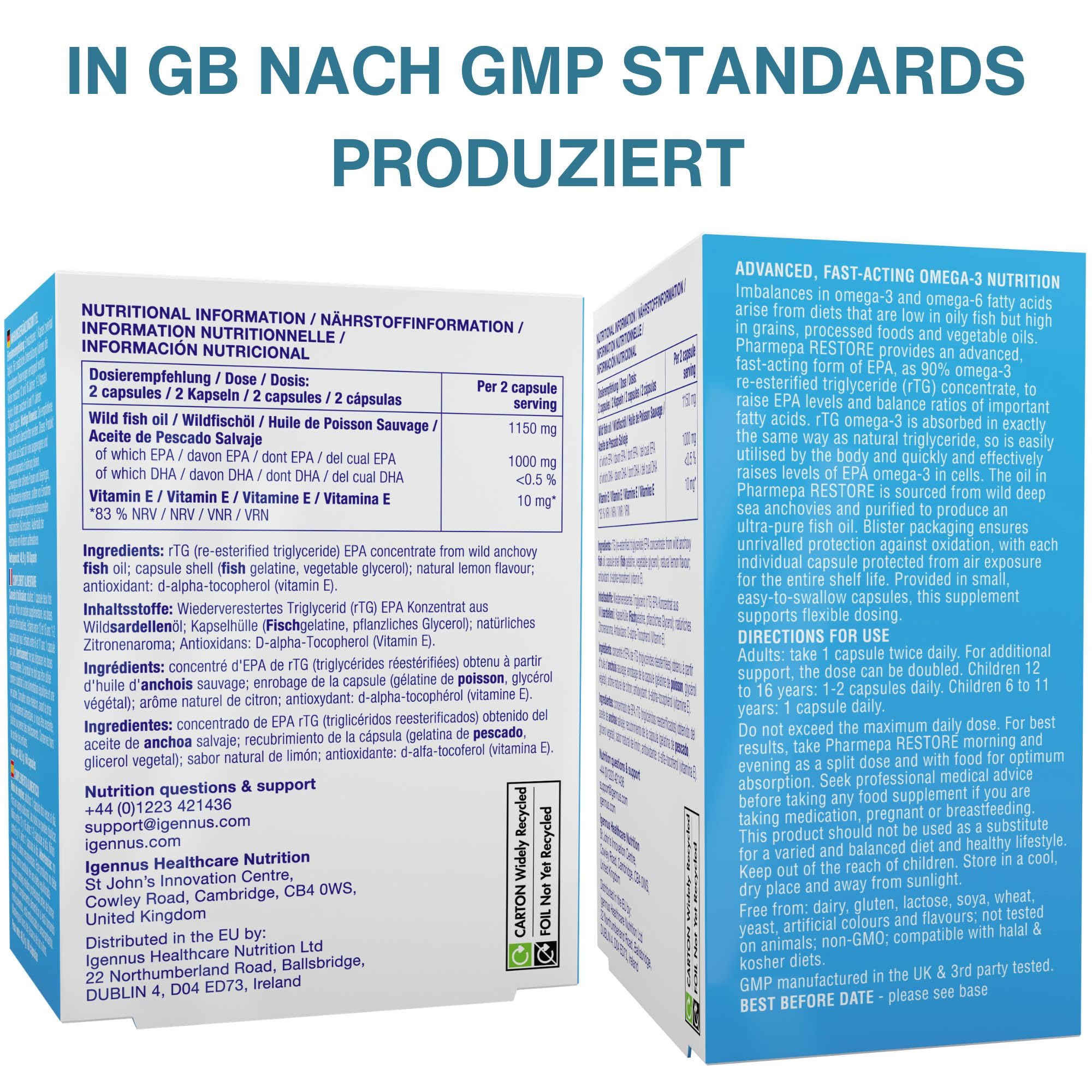 Igennus Pharmepa Restore, 1000mg reines EPA, IFOS-zertifiziert | Omega-3 rTG Fischöl, 60 Weichkapseln, 90%-ige Konzentration, dreifache Stärke, aus nachhaltigem Wildfang, Zitrusgeschmack