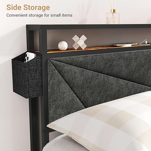 Miniatura 21 de Base de cama de tamaño matrimonial con cabecero, plataforma LED con 4 cajones de almacenamiento, estación de carga integrada, sin ruido, base de