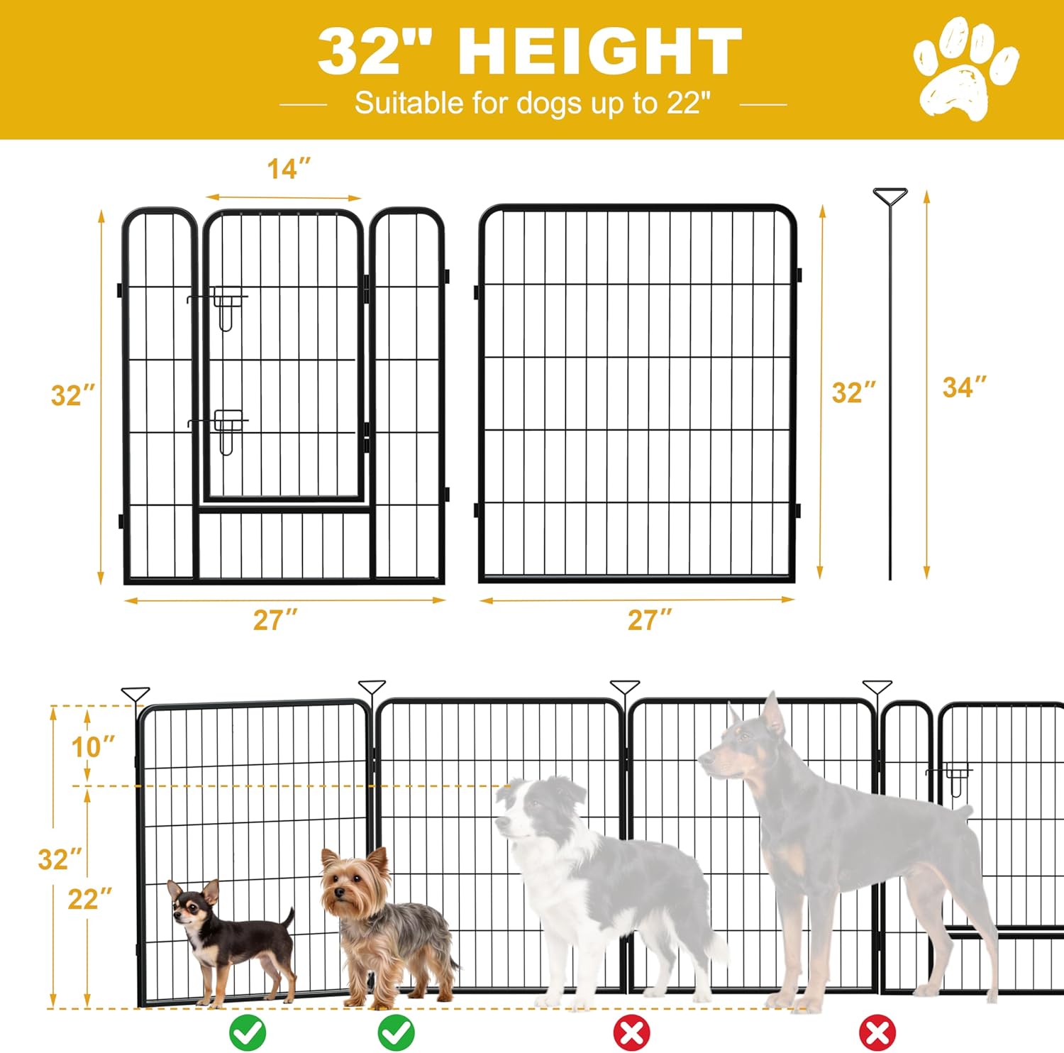 Heavy-Duty Iron Dog Playpen Outdoor Indoor,32 inch 8 Panels Dog Fences for RV Camping/Yard/Garden,Portable Dog Play Pen for Dogs,Puppies,Small Animals,Black Silver