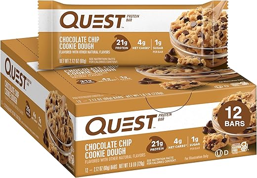 Quest Nutrition Chocolate Chip Dough Cookie Protein Bars, 21g Protein, 1g Sugar, 4g Net Carb, Gluten Free, Keto Friendy, 12 Count
