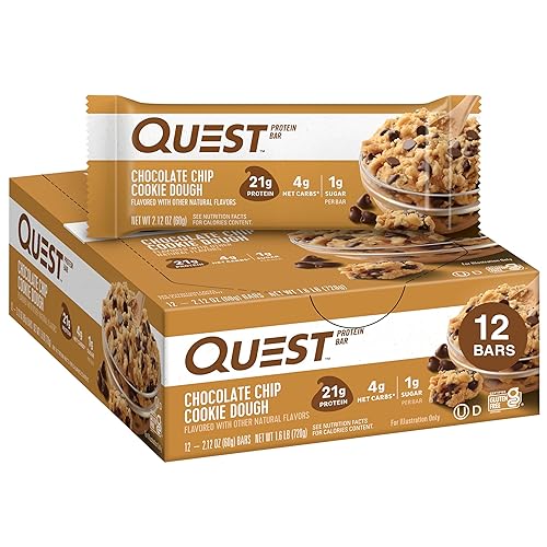 Quest Nutrition Chocolate Chip Dough Cookie Protein Bars, 21g Protein, 1g Sugar, 4g Net Carb, Gluten Free, Keto Friendy, 12 Count - Chocolate Chip Cookie Dough - 12 Count (Pack of 1)