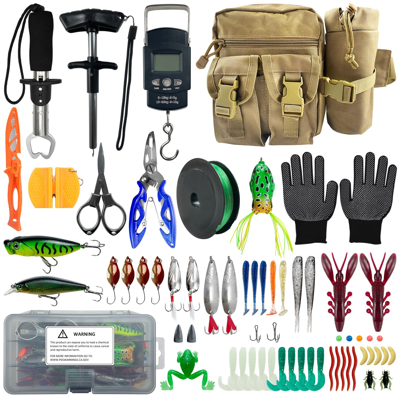 63 PCS Angelzubehör Set Komplett Profi Koffer, Angelzubehör Set Enthält Multifunktionale Angelzange Set, Angelschnur, Wobblers, Angelzubehör, Angelköder Set, Anti-Rutsch-Handschuh