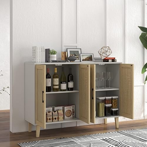Miniatura 8 de Panana Gabinete de almacenamiento de buffet con decoración de ratán de 4 puertas, sala de estar, cocina, aparador de 48.43 x 34.65 x 15 pulgadas