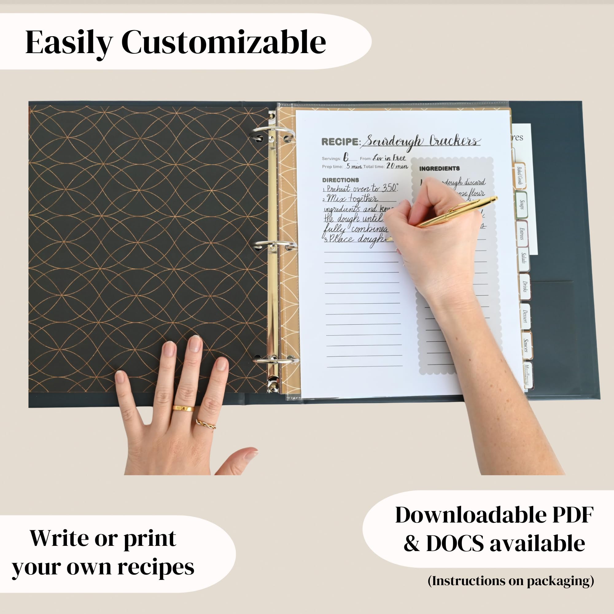 Raccoglitore per ricette con maniche in plastica, divisori personalizzati, etichette, raccoglitore per ricette vuoto, resistente all'acqua, 22 x 28 cm, organizer per libri di cucina a pagina intera a